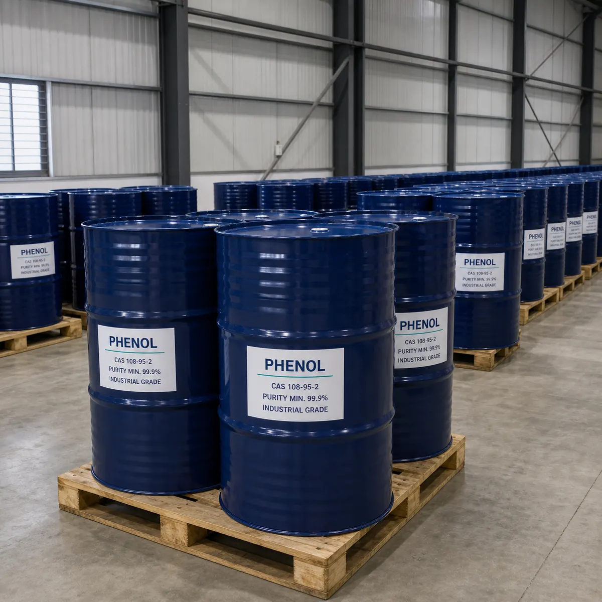 Phenol Steel Drums in Warehouse Storage Phenol 200L steel drums arranged four per pallet in compact single-level warehouse storage