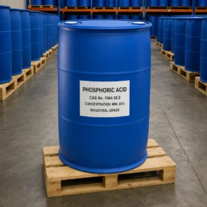 Phosphoric Acid industrial grade in a blue 200L HDPE chemical drum in an organized warehouse, CAS 7664-38-2, concentration 85% min.