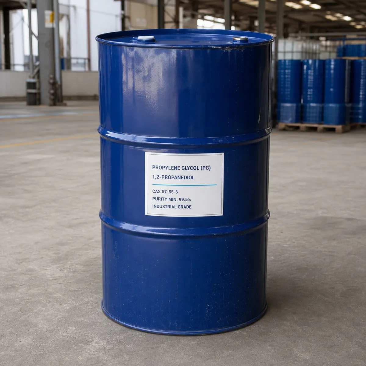 Propylene Glycol 1,2-Propanediol 200L Steel Drum Propylene Glycol 1,2-Propanediol industrial grade CAS 57-55-6 purity min. 99.5% in full-size blue steel drum