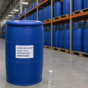 Purified Acrylic Acid inhibited grade in a common blue 200L HDPE drum, CAS 79-10-7, purity 99.9% min., supplied by Xinchen