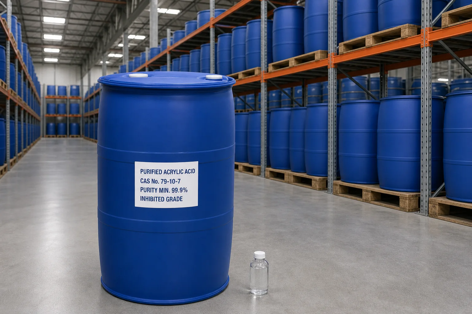 Purified Acrylic Acid Inhibited Grade CAS 79-10-7 Purified Acrylic Acid inhibited grade in a common blue 200L HDPE drum, CAS 79-10-7, purity 99.9% min., supplied by Xinchen