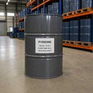 Pyridine industrial grade in a common dark gray 200L steel drum in a stocked chemical warehouse, CAS 110-86-1, purity 99.9% min.