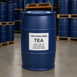 Triethanolamine TEA industrial grade packaging detail in a dark blue 200L closed-head HDPE drum, CAS 102-71-6, purity 99% min.