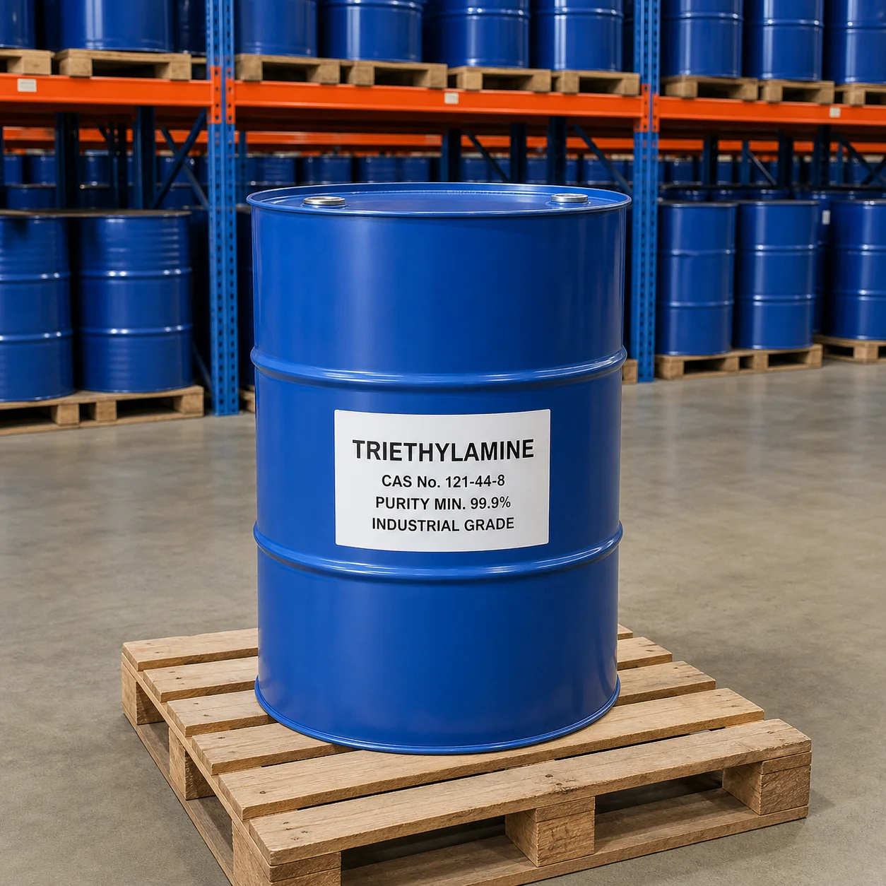 Triethylamine Industrial Grade CAS 121-44-8 Triethylamine industrial grade in a blue 200L steel drum in an organized chemical warehouse, CAS 121-44-8, purity 99.9% min.