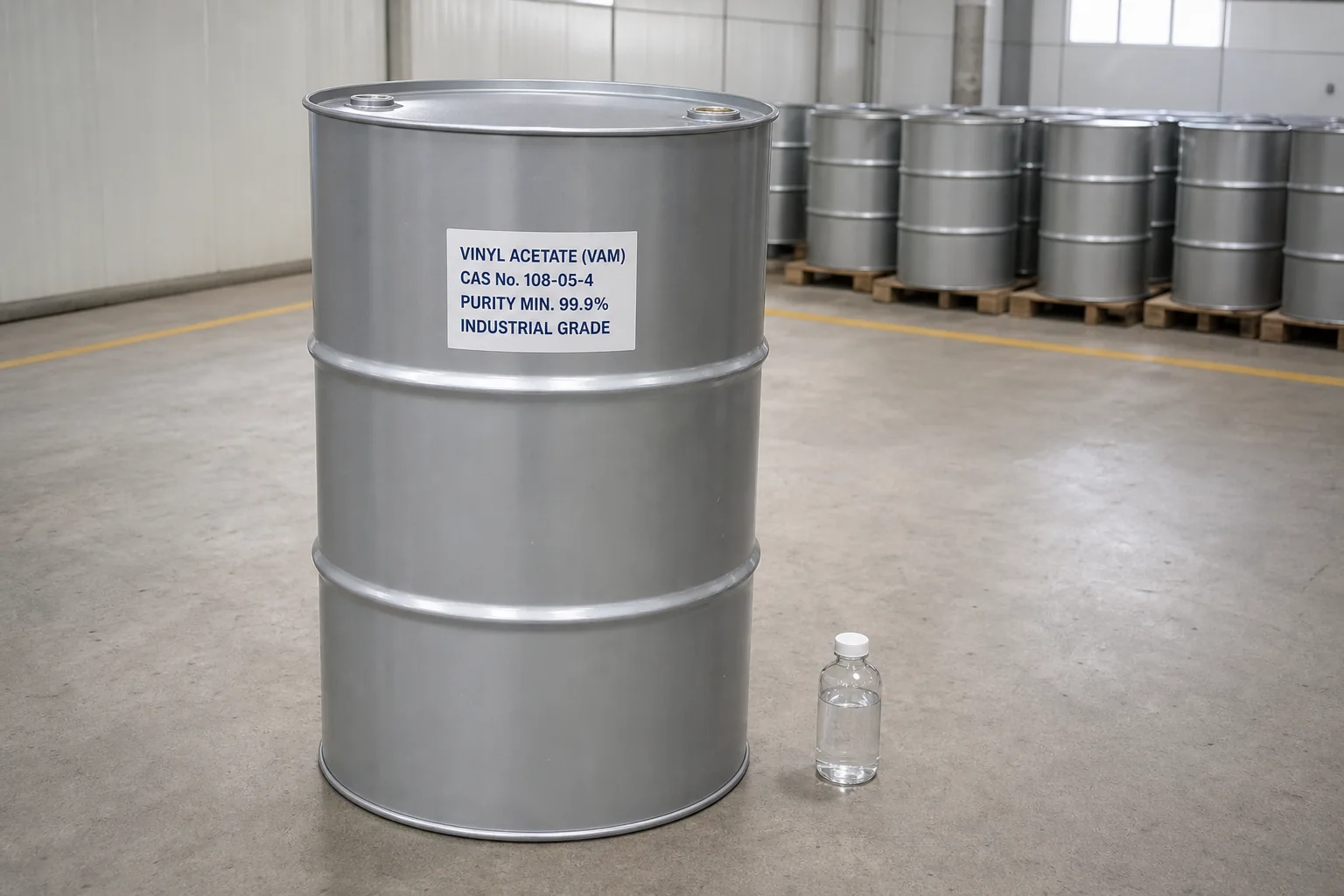 Vinyl Acetate VAM Industrial Grade CAS 108-05-4 Vinyl Acetate Monomer VAM in a 200L steel drum, CAS 108-05-4, purity 99.9% min., supplied by Xinchen
